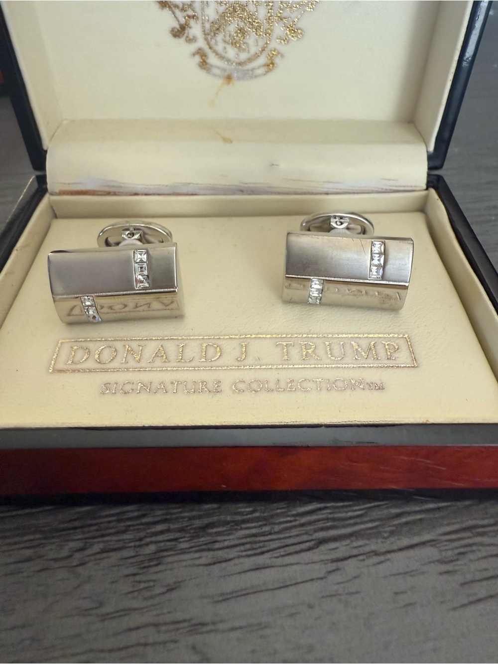 Donald J Trump Signature Silver-Tone Rectangular Cufflinks with Crystal Accents